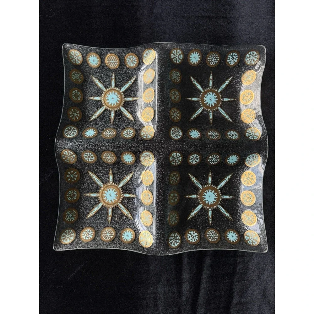 Vintage MCM CULVER Glass Carnival Turquoise Blue Gold 4 Serving‎ Tray Platter